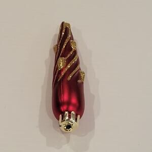 Vintage glass icicle ornament red gold trim glitter 5.5" long